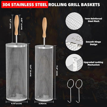 Rolling Grill Basket 2-Pack, Removable Wooden Handle, 304 Stainless Steel, BBQ Grill Accessories for Vegetables, Birthday Father Days for Dad, Husband, Men – Outdoor Kitchen Camping Grilling