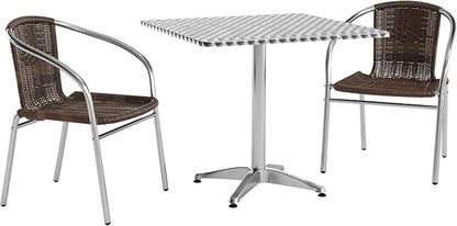 Flash Furniture Lila 31.5'' Square Aluminum Indoor-Outdoor Table Set with 2 Dark Brown Rattan Chairs | Aluminum Tabletop, Indoor/Outdoor
