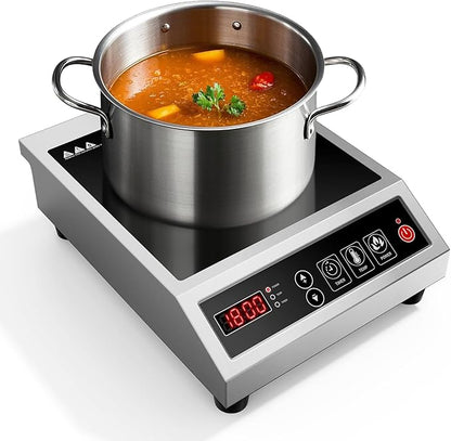 Induction Cooktop Commercial 1800W, Portable Countertop Burner with 8" Fast Heating Coil, 11 Temp/Power Levels, 24H Timer Stainless Steel Electric Stove for for RV Home Kitchen