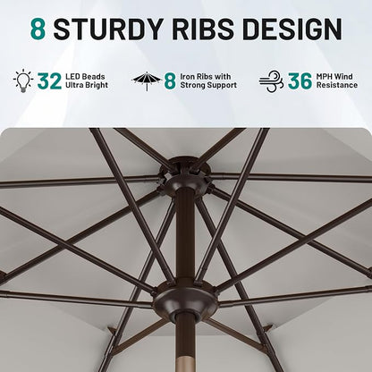 AreShark 9ft 2 Tiers Patio Umbrella with Solar Lights, Outdoor Umbrella w/ 32 LED Lights&8 Sturdy Ribs, Table Umbrella for Deck, Backyard, Pool(Light Gray)