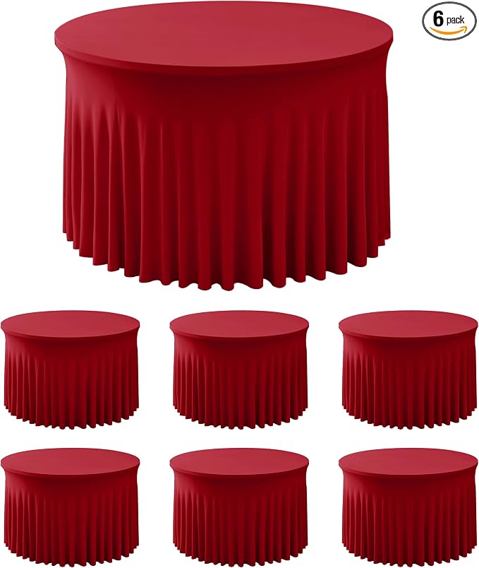 Red Tablecloths Spandex Table Covers for Christmas, 60 Inch Round,6 Pack | Spandex Table Skirts, For 5 Ft Bridal Shower Cake Table, Ruffle Design Banquets, Baby Showers, Parties,Wrinkle Resistant