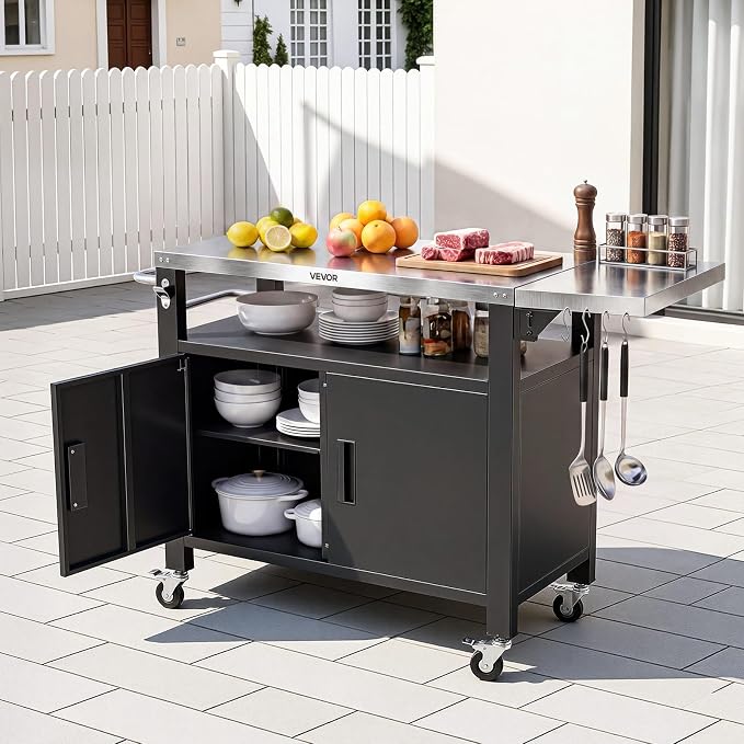 VEVOR Outdoor Grill Cart with Storage Cabinet, 55.1 Inch Grill Table, Waterproof Kitchen Island with Stainless Steel Top, Shelf, and Wheels, Movable Food Prep Station for Patio Bar Backyard BBQ