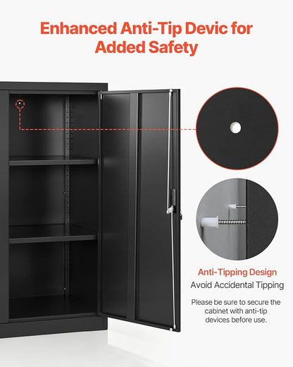VEVOR Metal Storage Cabinet, 41.7 in Steel Garage Cabinet with 2 Adjustable Shelves, 2 Magnetic Doors & 2 Keys, 3 Tiers Lockable Tool Storage for Pantry, Warehouse, Basement, Office, Black