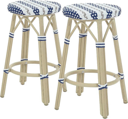 Seadrift Boho 26-inch Aluminum and All-Weather Wicker Barstools with Footrest, Patio Stools & Bar Chairs for Outdoor, Kitchen Counter, Poolside, Yard, Set of 2, Navy Blue and White