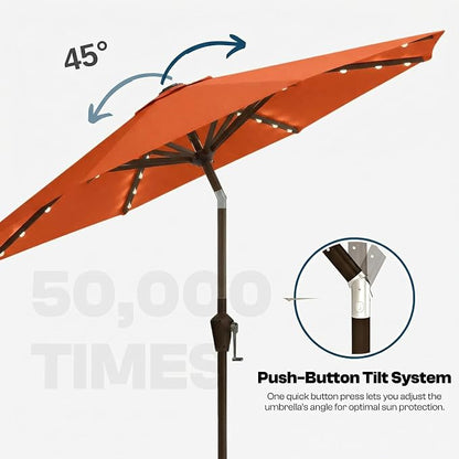 10FT Solar Lighted Patio Umbrella, Outdoor Table Market Umbrellas with Push Button Tilt and Crank, 32 LED Lights, 8 Sturdy Ribs, UV-Resistant for Deck, Garden, Pool