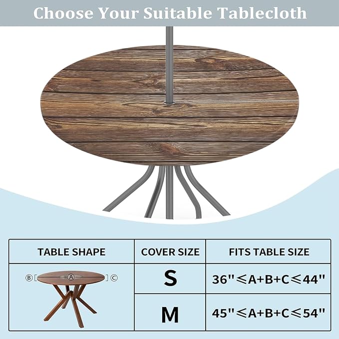 Brown Wooden Texture Round Fitted Tablecloth with Umbrella Hole and Zipper, 36"-44" Outdoor Elastic Tablecloths Wipeable Patio Table Cover for Garden Table Picnic Party BBQs Camping
