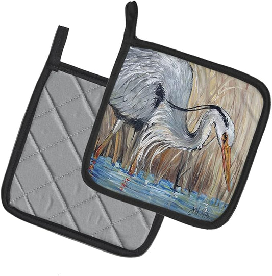 Caroline's Treasures JMK1228PTHD Blue Heron Pair of Pot Holders Kitchen Heat Resistant Pot Holders Sets Oven Hot Pads for Cooking Baking BBQ, 7 1/2 x 7 1/2