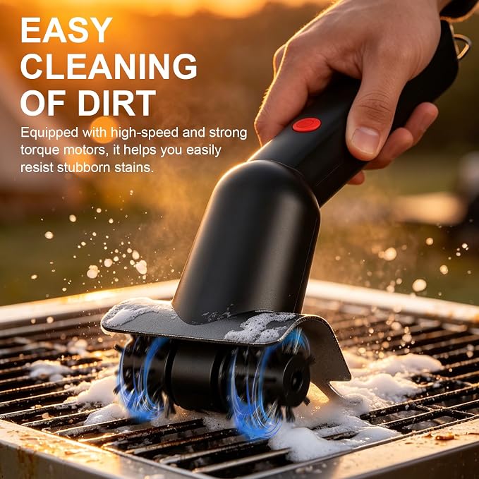 Electric Grill Brush Cleaner, Cordless Power BBQ Grill Brush with LED Light, 2600mAh Rechargeable Battery, High Torque Motor, Replaceable Brush Heads & Grate Lifter, Easy Grill Cleaner
