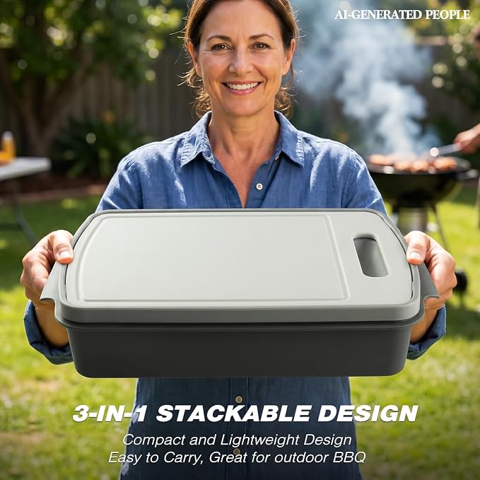 Sunmei Grill Prep and Serving Trays, 3-in-1 Stackable BBQ Food Tray, 5PCS BBQ Serving Set with Marinating Container, Serving Platter, Cutting Board and 2PCS Colored 12-Inch Grill Tongs (Gray)