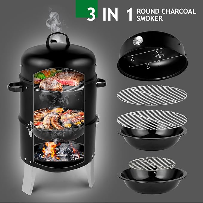 Round Charcoal Grill Portable Barbecue Grills with Thermometer, Double Layer Iron BBQ Grill for Garden Party Picnic Hiking Travel Backyard Cooking, Easy to Assemble, Asadores de Carbon (Black)