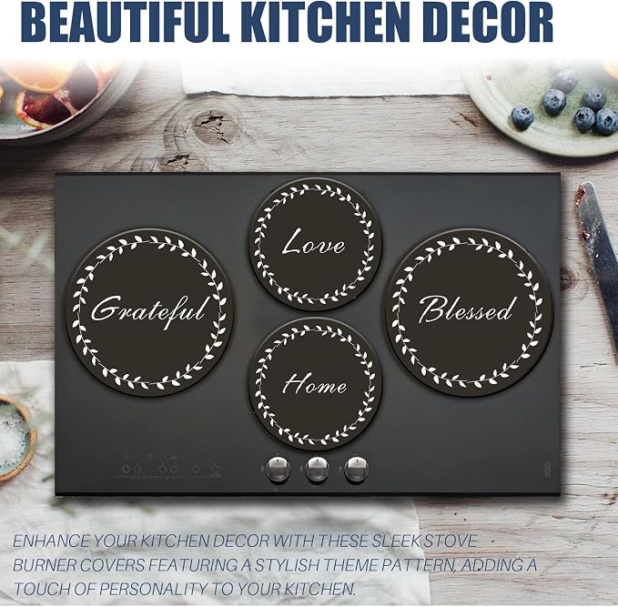 Stylish Burner Covers Set of 4 for Range Accessories, Gratitudes Chalkboard Metal Stove Burner Cover for Expanding Counter Space Stovetop Decor, Burner Covers for Electric Stove