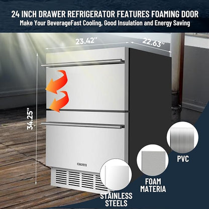 ORYMUSE 24 Inch Outdoor Drawer Refrigerator, Undercounter Beverage Cooler Fridge with Stainless Steel Seamless Drawers, 154 Can Capacity Beverage Center for Patio, Kitchen and Commercial Use