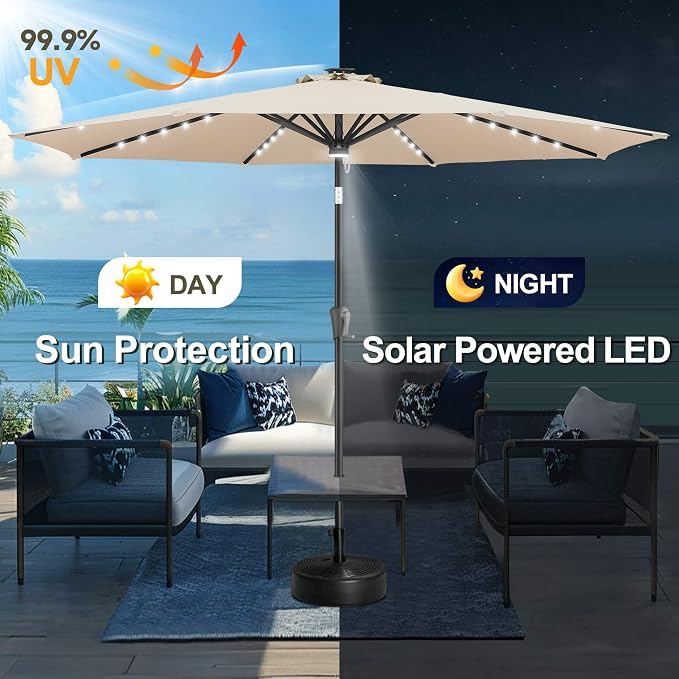 FLAME&SHADE Solar Patio Umbrella with Centre Light, 10 FT Beige | UV Protection, Small Solar Outdoor Umbrella for Porch, Deck, Backyard, Garden, Provides Evening Lighting, 40 LED Lights