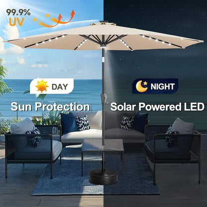 FLAME&SHADE Solar Patio Umbrella with Centre Light, 10 FT Beige | UV Protection, Small Solar Outdoor Umbrella for Porch, Deck, Backyard, Garden, Provides Evening Lighting, 40 LED Lights