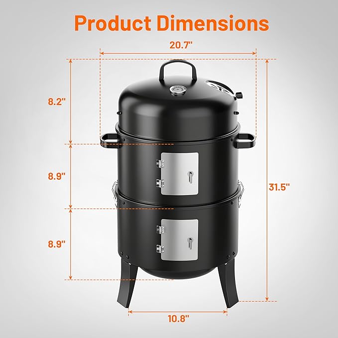 KEYO GRILL 18 Inch Vertical Charcoal Smoker, 3-in-1 Heavy Duty Outdoor BBQ Grill with Thermometer, Portable Camping Barbecue Grill for Garden Patio Beach Backyard