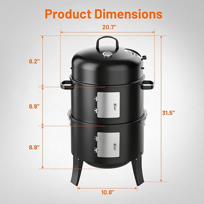 KEYO GRILL 18 Inch Vertical Charcoal Smoker, 3-in-1 Heavy Duty Outdoor BBQ Grill with Thermometer, Portable Camping Barbecue Grill for Garden Patio Beach Backyard