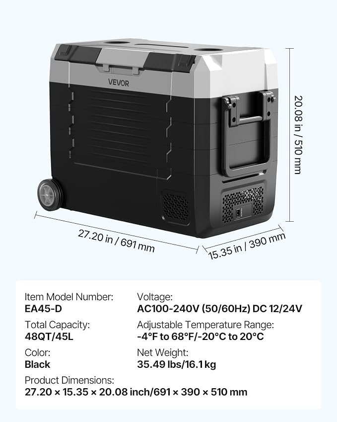 VEVOR Car Refrigerator, DC 12/24V AC100-240V Compressor Electric Cooler, -4°F to 68°F Truck Refrigerator with APP Control, Wheels & Dual Zone, 48 QT Cars Cooler for RVs, Boats, Camping, Fishing