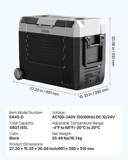 VEVOR Car Refrigerator, DC 12/24V AC100-240V Compressor Electric Cooler, -4°F to 68°F Truck Refrigerator with APP Control, Wheels & Dual Zone, 48 QT Cars Cooler for RVs, Boats, Camping, Fishing