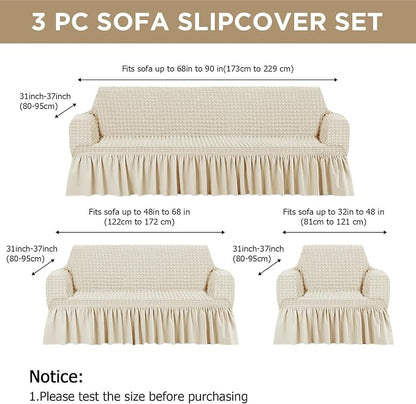 Fanfanwin 3 Pcs Sofa Slipcover Set for Couch Cushion Durable Washable High Elastic Stretchable Furniture Couch Covers with Skirt for Sofa Loveseat Arm Chair(Beige,Seersucker)