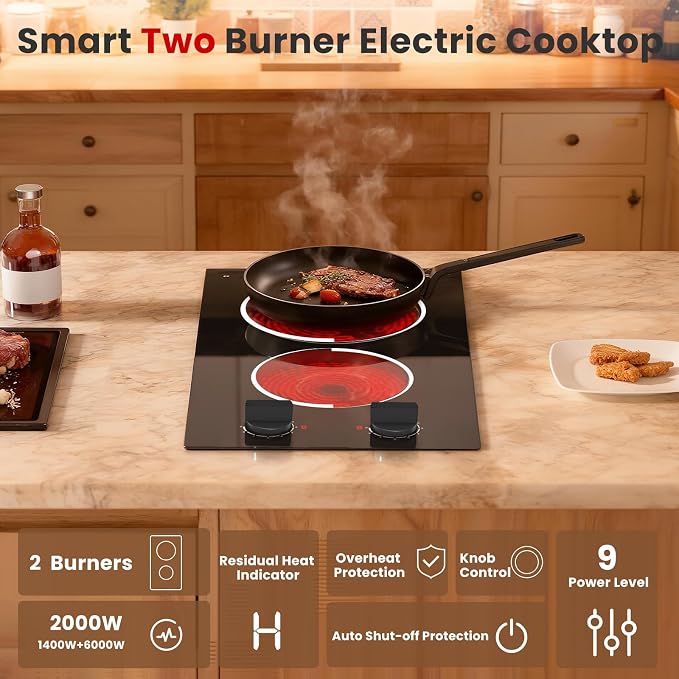 2 Burner Electric Cooktop 110V 2000W Countertop or Built-in | 12 Inch Plug in Two Burner Electric Stove, Hot Plate Ceramic Stovetop, Knob Control, 9 Power Levels and Overheat Protection