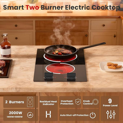 2 Burner Electric Cooktop 110V 2000W Countertop or Built-in | 12 Inch Plug in Two Burner Electric Stove, Hot Plate Ceramic Stovetop, Knob Control, 9 Power Levels and Overheat Protection