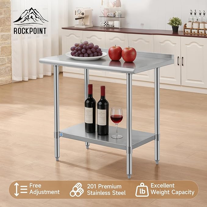 ROCKPOINT All Stainless Steel Perp Table with Backsplash 24x36 Inch, Commercial Heavy Duty Table with Stainless Legs & Adjustable Undershelf, 750 lb Capacity for Restaurant,Home and Outdoor Kitchens