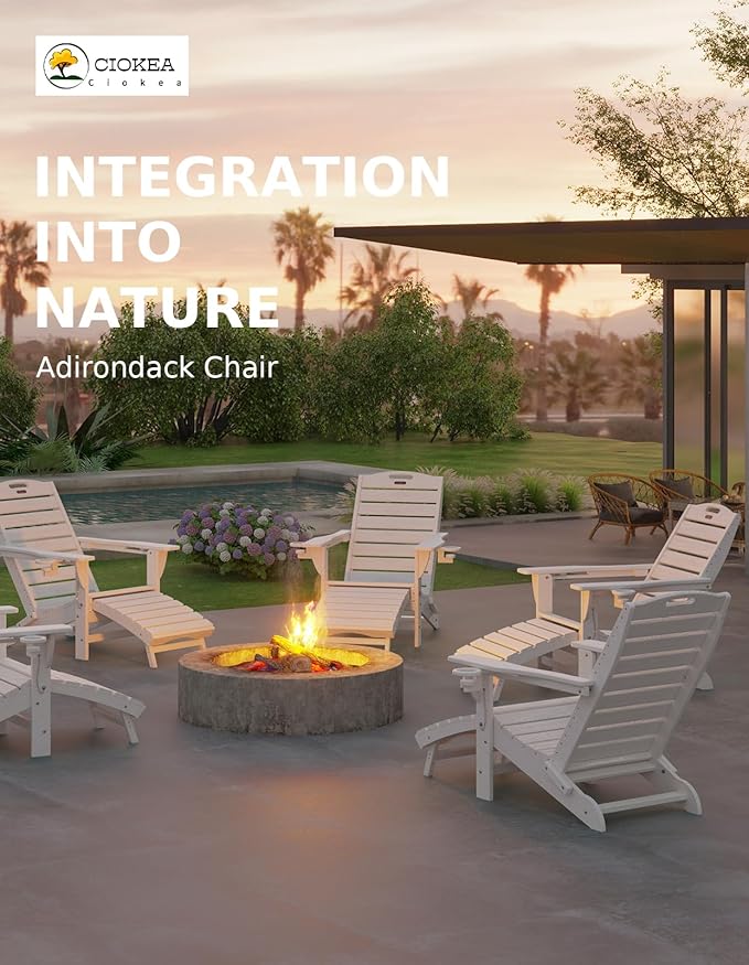 Ciokea Folding Adirondack Chair Set of 2 with Retractable Ottoman Fire Pit Patio Chair with Pull Out Foot Rest Weather Resistant Lawn Outdoor Chair with 2 Cup Holder (White)