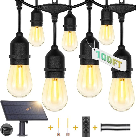 ZJOJO Solar String Lights Outdoor Waterproof 100FT Edison String Lights | Commercial Grade S14 Shatterproof Bulbs Patio Lights Solar Powered Outdoor,Hanging Lights for Cafe Patio Backyard Bistro Farm