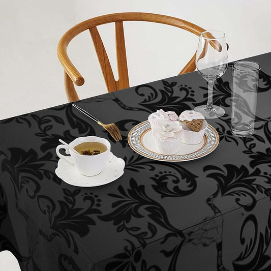 Gothic Black Damask Tablecloth, Vintage Floral Exotic Longhorn Skull Bull Bone Table Cloth Water Resistant Table Cover for Farmhouse Party Holiday Kitchen Dinner Table 60x110