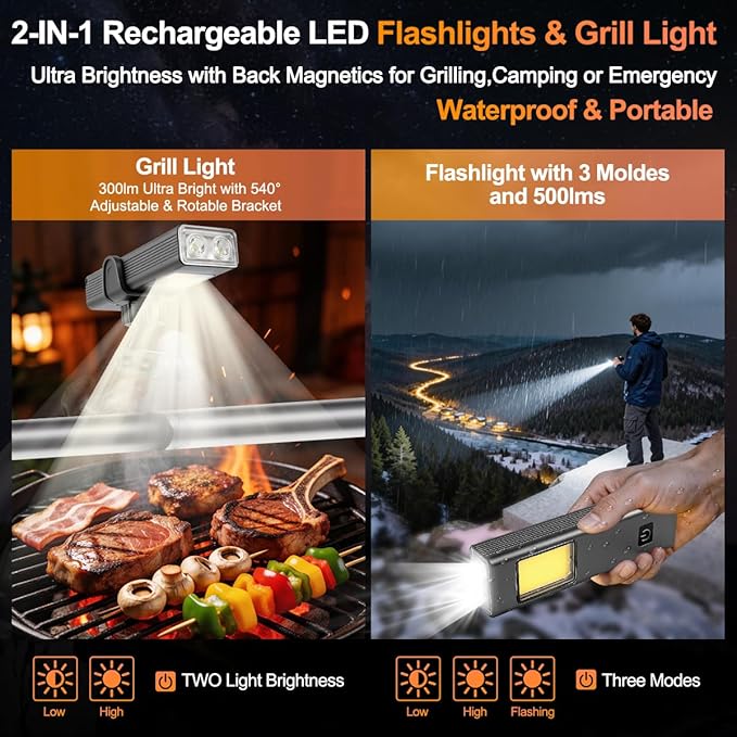 Rechargeable LED Grill Lights and Flashlight for Outdoor Grill with Magnetic, IPX5 Waterproof, 2-Level Brightness, USB-C Charging, Portable Grill Accessories, Grilling Gift for Men, Dad, Grill Lights