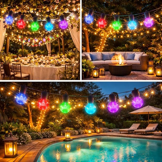 FREECUBE 50 FT Solar String Lights Outdoor Waterproof, 25LEDs G40 Globe Shatterproof Bulbs,Warm White & Multicolor,8 Modes,Timer, Solar Powered Patio Lights for Backyard, Porch, Garden, Wedding Decor