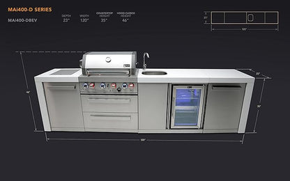 Mont Alpi 120"W Deluxe Stainless Steel Outdoor Kitchen Island with 32"W 4-Burner BBQ Gas Grill + Beverage Center Faucet & Sink + Refrigerator + Side Burner Pizza Oven + Charcoal Tray + Griddle Plate