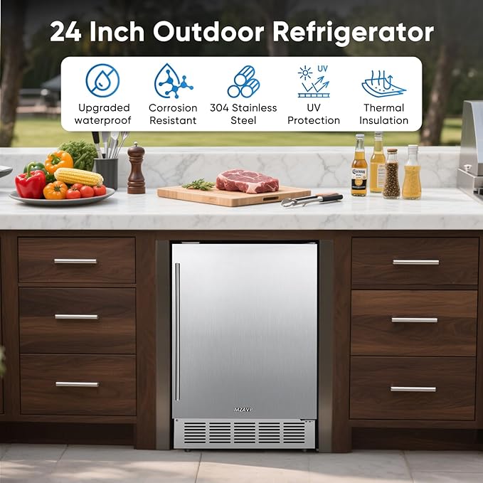 24 Inch Outdoor Beverage Refrigerator, Stainless Steel Beverage Fridge 180 Can Under Counter Built-in/Freestanding, Waterproof, Fast Cooling, Low Noise - Outdoor Refrigerator for Home and Patio