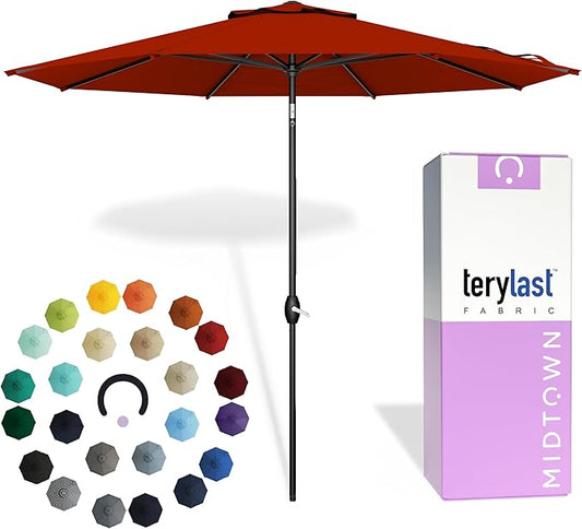 Midtown Umbrellas - 10-Year-No-Fade 9 Ft Patio Umbrella with Terylast Fabric, Auto-Tilt Aluminum Frame and 8 Reinforced Ribs for Deck, Pool, Garden & Beach - Apple Red Canopy, Black Pole