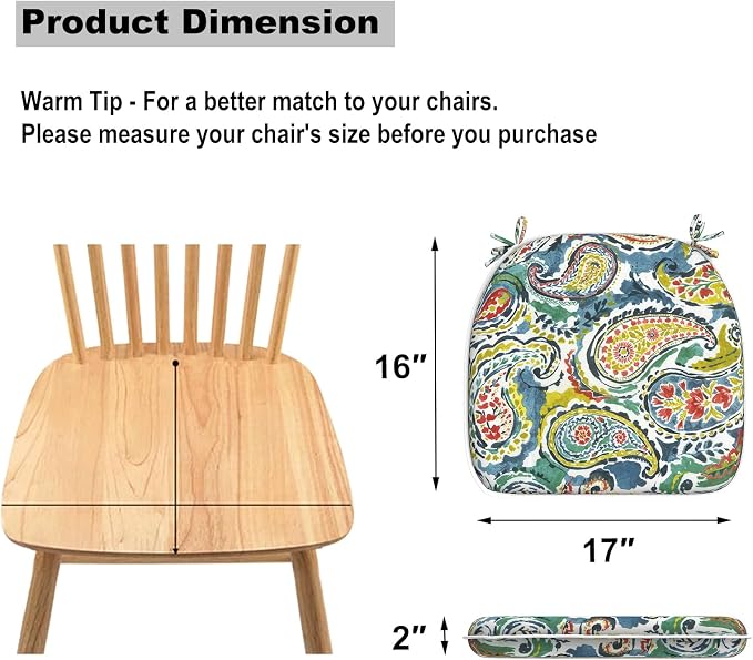 DYTXIII Set of 2 Outdoor Chair Cushions with Ties, Water Repellent Patio Chair Pads 17"x 16" for Outdoor Furniture, Round Corner Seat Cushions for Garden Yard Kitchen Paisley Paradise