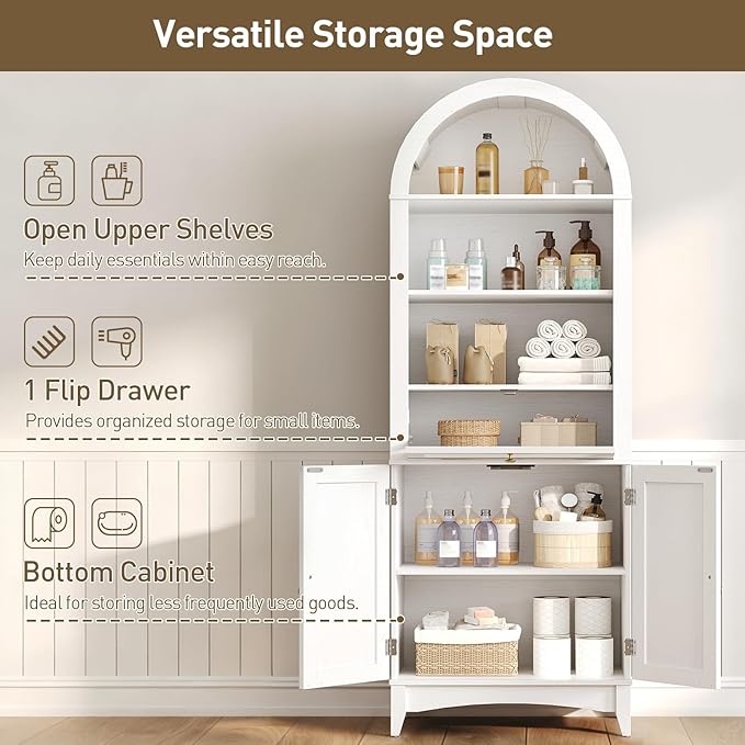 RALGEND 66" Tall Bathroom Cabinet Set of 2, Freestanding Cabinet with Doors & Shelves,Arched Cabinets for Bathroom, Living Room, Kitchen, Laundry, White