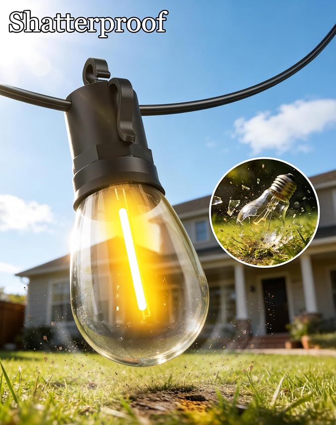 50ft Solar Powered Lights Outdoor - Waterproof String Light Outside Patio | Yard Garden Fence Backyard Deck Porch Balcony Patios Camping Battery Operated Lighting Hanging with LED Edison Bulbs S14