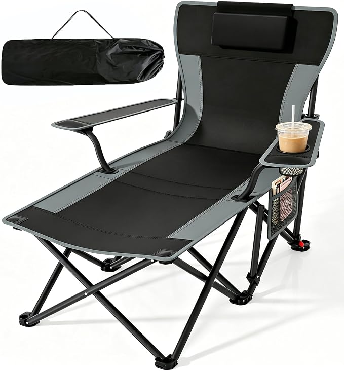 Suteck Camping Chair with Foot Rest, Reclining Folding Beach Chairs, Black | Adjustable 90°-140° Lounge Chair,Heavy Duty Outdoor Recliner Chairs with Cup Holder & Side Pockets,Supports 500lbs,Carry Bag