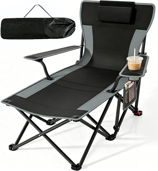 Suteck Camping Chair with Foot Rest, Reclining Folding Beach Chairs, Black | Adjustable 90°-140° Lounge Chair,Heavy Duty Outdoor Recliner Chairs with Cup Holder & Side Pockets,Supports 500lbs,Carry Bag