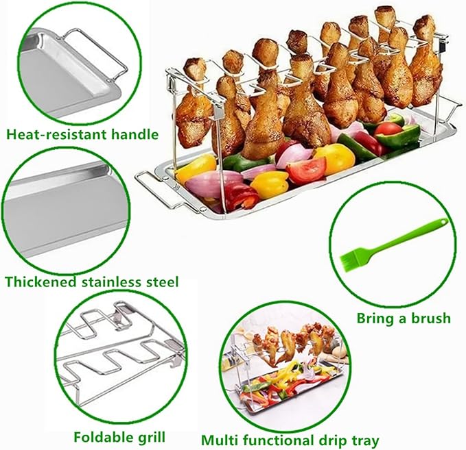 Chicken Leg Rack for Grill with Drip Tray, 14 Slots Stainless Steel Chicken Wing Rack, Chicken Drumstick Holder for Smoker,Chicken Drumstick Rack BBQ Accessories