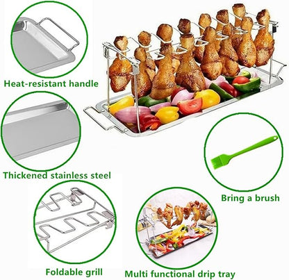 Chicken Leg Rack for Grill with Drip Tray, 14 Slots Stainless Steel Chicken Wing Rack, Chicken Drumstick Holder for Smoker,Chicken Drumstick Rack BBQ Accessories