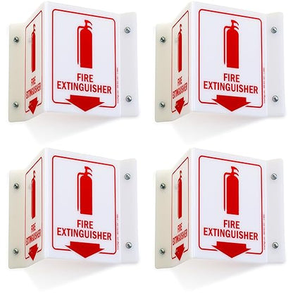 SmartSign (4-Pack) Fire Extinguisher Projecting Sign - 5" x 6", Two-Sided Wall Mount Polished Acrylic Corridor V-Sign with Down Arrow, Red on White