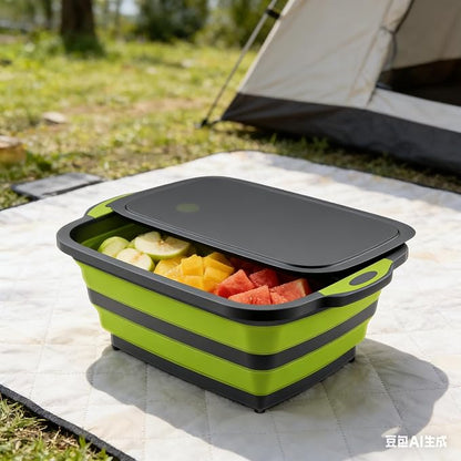 3-in-1 Folding Camping Cutting Board, Collapsible BBQ Prep Tub with Lid | Foldable Camping Chopping Board, PP+TPR Material Cutting Board, Folds to 1.5 Inch Slim for RV Camping & Small Kitchen (Green)