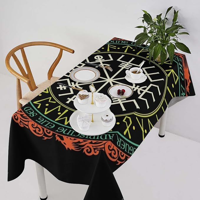 Vintage Viking Pattern Tablecloth, Viking Ancient Runic Helmet of Awe Seasonal Table Cloth Waterproof Wipeable Table Cover for Picnic Holiday Party Kitchen Dining 60x110