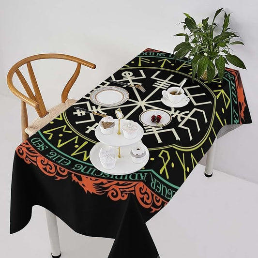 Vintage Viking Pattern Tablecloth, Viking Ancient Runic Helmet of Awe Seasonal Table Cloth Waterproof Wipeable Table Cover for Picnic Holiday Party Kitchen Dining 60x110