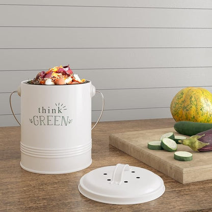 Barnyard Designs 1.2 Gallon Kitchen Counter Compost Bin with Lid (White) | Countertop Composter with Smell-Absorbing Filters and Removable Inner Bucket; Food Waste Pail for Easy Cleaning