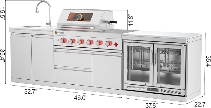 SERA C 4-Burner Natural Gas 3-Piece Modular Outdoor Kitchen Set | 75,300 BTU + side burner, 115L double fridge, dual sink with pull-out faucet, 304 ss, locking casters, patio backyard