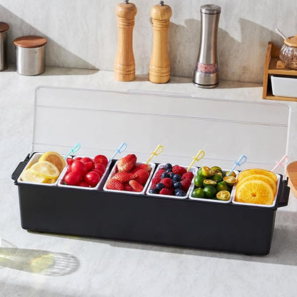 VEVOR Chilled Condiment Server, 6 Compartment Ice Cooled Condiment Serving Container, Chilled Garnish Tray Bar Caddy with Lid, for Bartending & Serving Taco, Salad, Fruit, Home & Restaurant Supplies | for BBQs, Picnics, Camping and Family Gatherings, c...