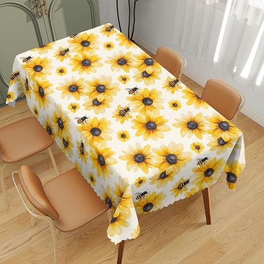 Summer Table Cloth Rectangle Tables Yellow Sunflower Bumble Bee White Fall Rectangle Table Cover Anti-Oil Tablecloth for Dining Tables, Parties, Wedding and Banquet Decoration 52" x 70" 4-6 Seats
