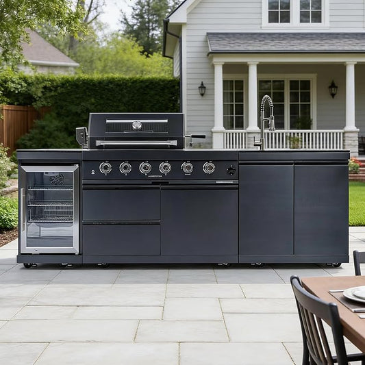 98" Rolling Outdoor Kitchen Island with Built-In 4 Burners 72,000 BTU Stainless Steel Gas Grill Featuring Rotisserie Oven,Granite Countertops,Beverage Fridge,Sink. (Black + Fridge + Sink, Propane Gas)